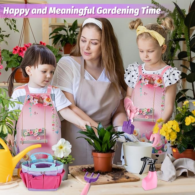 Kids Gardening Tool Set - Garden Tools for Kids with Shovel Trowel Rake Apron Gloves Watering Can and Tote Bag, Outdoor Toys Great Gifts for 3 4 5 6 7 8+ Years Old Girls (Flower Style)