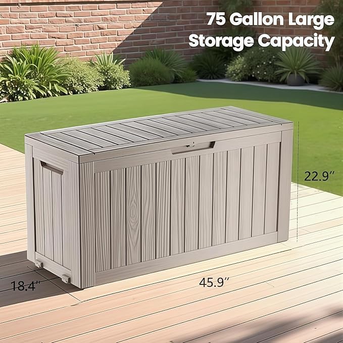 75 Gallon Outdoor Storage Box, Waterproof Resin Deck Box for Patio Cushions & Gardening Tools, Lockable Indoor/Outdoor Storage Bin, Stylish Grey Design