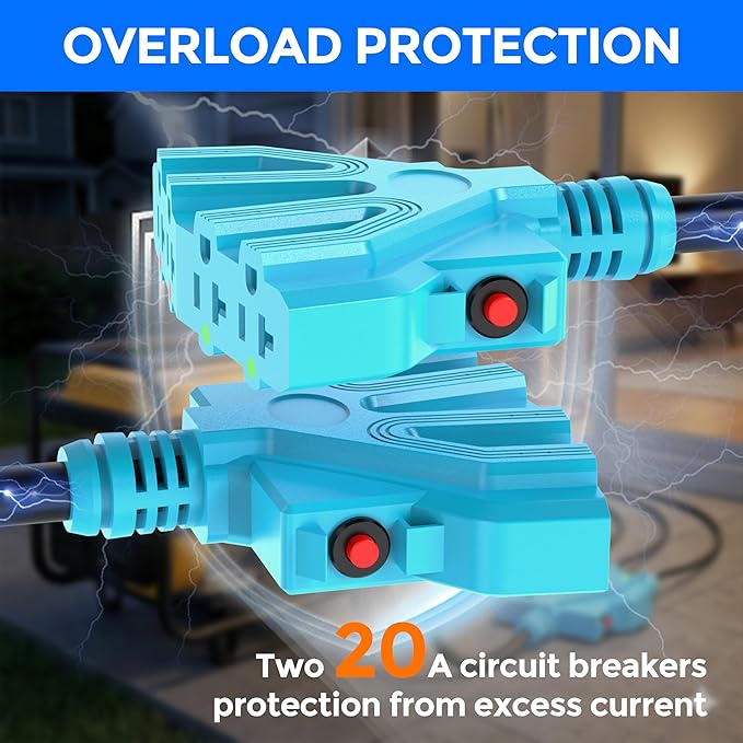 CircleCord 4 Prong 30 Amp to 15 Amp Generator Distribution Adapter with Overload Protector, NEMA L14-30P Male to 4X 5-15R/5-20R T-Blade Female, 10 Gauge 125/250V 7500W
