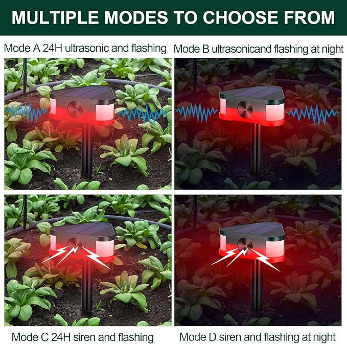 Qualirey 2 Pack 360° Solar Outdoor Motion Sensor Alarm 4 Modes Ultrasonic Animal Deterrent with 3 Loud 129dB Sirens Flashing Light Remote Control for Yard Garden Farm Repel Deer Coyote Raccoon Dog