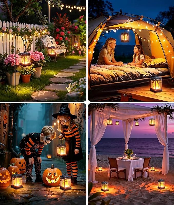 KOOPER Hanging Solar Lanterns Outdoor Waterproof, 4PCS Flickering Flame Hanging Solar Lights for Outside, Outdoor Solar Lanterns up to 12 Hours, Lanterns Decorative for Patio Porch Yard Garden Decor