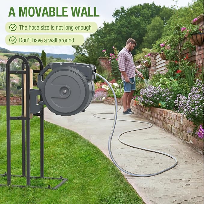 Retractable Hose Reel Stand, No Wall Damaged - Hose Holder, Freestanding Garden Hose Holder for Outside, Fit for Most Garden Hose Reel with Mounting Brackets