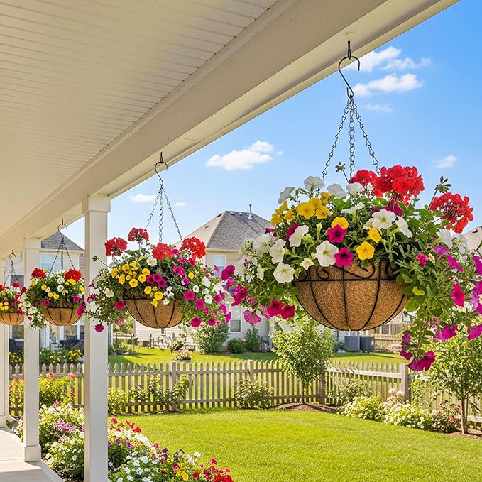 14 Inch Hanging Planters (4 Pack) - Round Metal Baskets with Cocoa Liners for Indoor/Outdoor Gardens, Porch & Patio Decor（HB）
