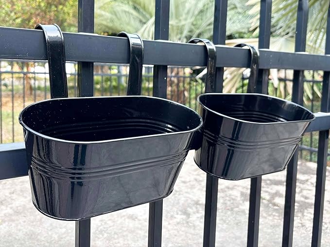 12" Balcony Railing Planters, Outdoor Hanging Planter for Fence, Stylish Metal Porch Deck Flower Pot for Herbs & Succulents (Black, Pack of 2)