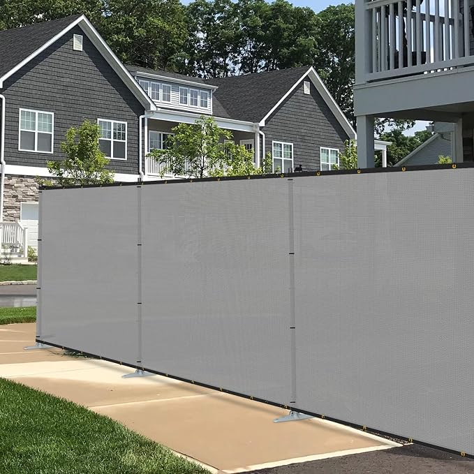 E&K 6'x19' Outdoor Privacy Screen Fence Panel Freestanding Backyard Patio Privacy Pool Fencing Temporary Garden Dog Fence with Iron Poles and Rails (Gray)