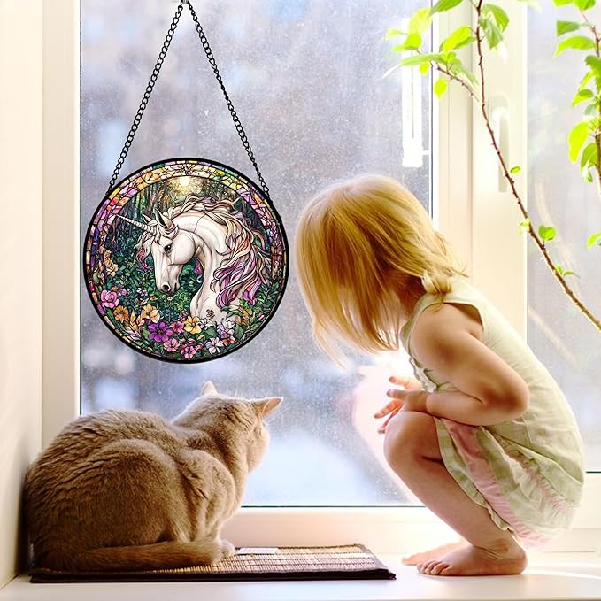 DASTOLL Stained Glass Window Hanging, Unicorn Flowers Suncatcher for Doors Home Sun Catchers Decoration and Christmas, Mother's Day Birthday Gifts for Women, Men, and Mom 11.8x11.8 in