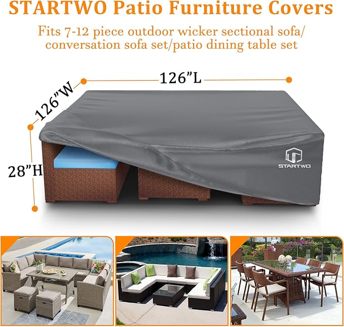 STARTWO Patio Furniture Covers Waterproof Outdoor Lawn Furniture Set Cover for 7-12 Piece Sectional Sofa, Conversation Set Garden Dining Tables Chairs,Grey