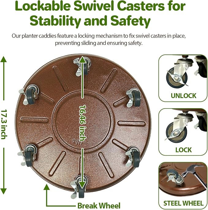 Plant Caddy with Wheels, 17" Heavy Duty Metal Plant Dolly, 440 lb Capacity Rolling Plant Stand with 360° Locking Casters, Waterproof Planter Tray and Saucer for Indoor Outdoor Large Pots