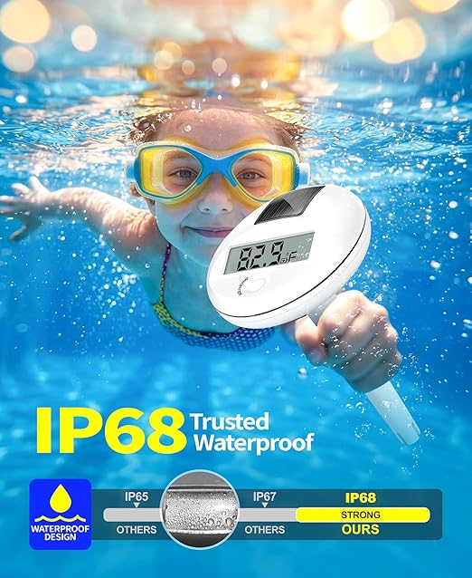 Sinbyuer 2026 Solar Digital Pool Thermometer with Rope | Easy Read Large LCD Display & Big Numbers Floating Pool Thermometer | High Precision & IP68 Waterproof Pools Temperature Gauge for Spa - White