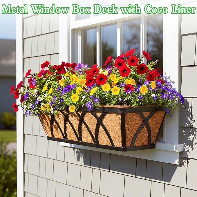 2 Pack 24 Inch Window Sill Fence Planter Pots Black Metal Window Sill Planter with Coco Backing Wall Mounted Home Planter Hanging Basket
