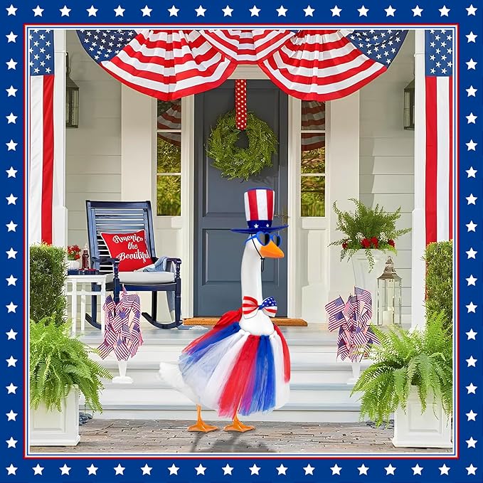 Independence Day Goose Outfit with Sunglasses & Tie,Porch Goose Outfits for 23" 17" Cement Plastic Goose Clothes Costumes, 4th of July Goose Outfit for Party Outdoor Patio Yard Lawn