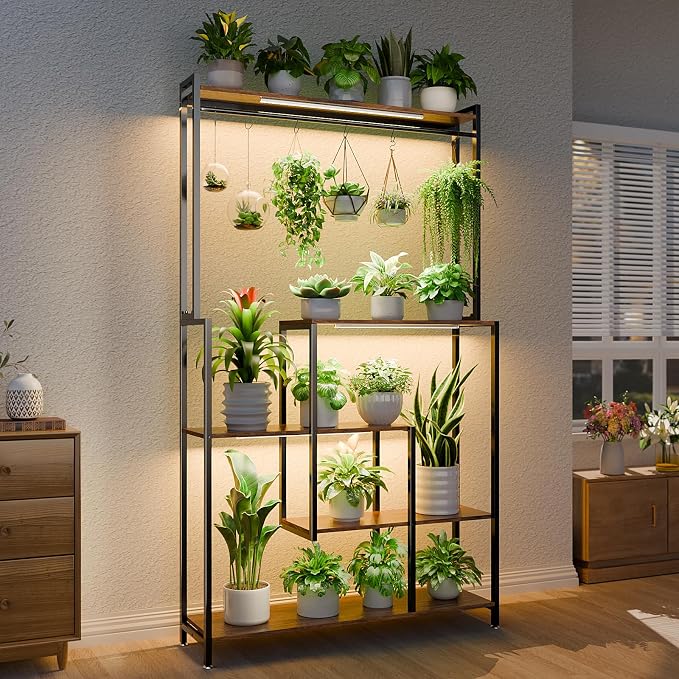 MJOMKN Large Plant Stand Indoor with Grow Light , 72" Tall Metal Plant Shelf, 5 Tiers 12 Pots Holder, Heavy-Duty Rectangle Display Rack for Living Room, Patio, Corner