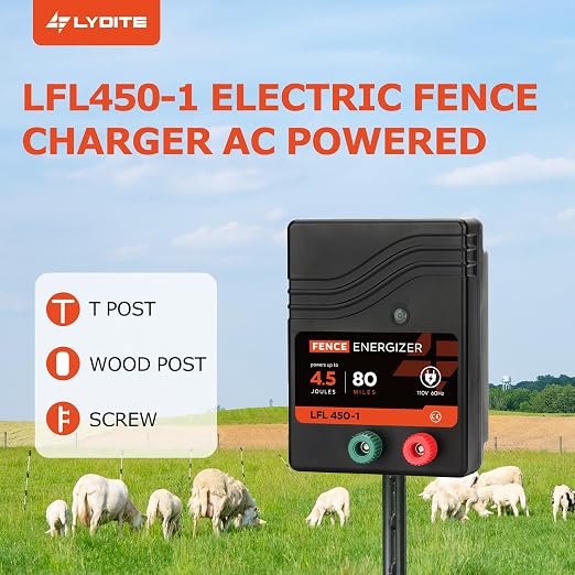 Electric Fence Charger AC Powered 80 Miles 250 Acres, 110 Volt 4.5 Joule Plug-in Electric Fence Energizer, Output Voltage Max 10 kV for Livestock, Preventing Predators from Intruding