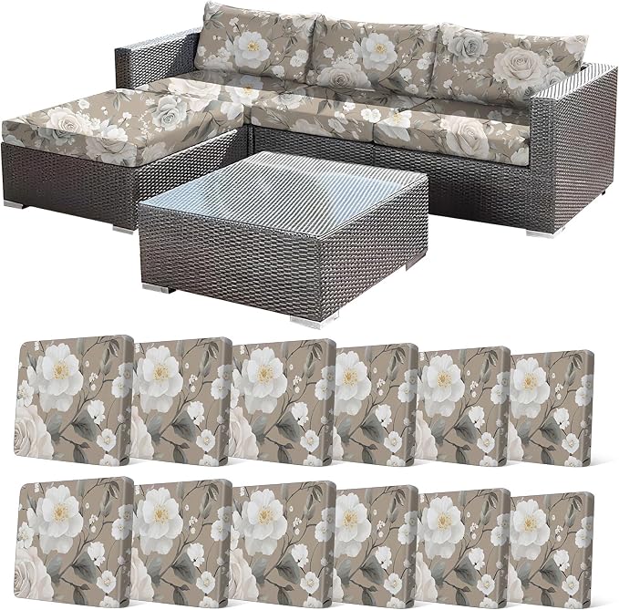 CALBODE 12Pcs Stretch Patio Cushion Cover, Vintage Floral Printed Couch & Sofa Slipcovers for Patio Furniture Cushions Washable Reusable Couch Covers Replacement for All-Season (Cover Only)