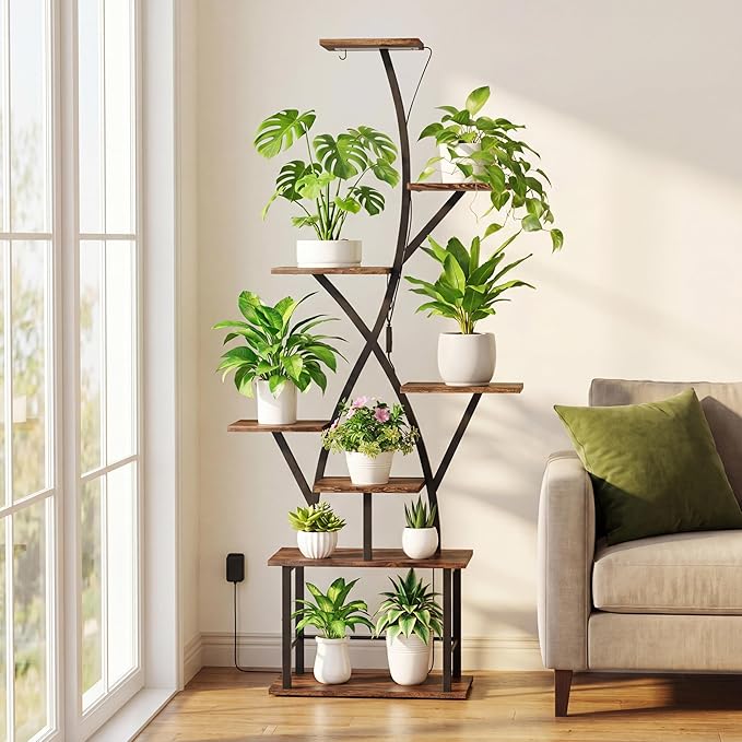 Quikraen Plant Stand Indoor with Grow Lights 64" Tall Plant Shelf Corner Lighted Plant Stands for Indoor Growing Multiple Metal 8 Tiered Large S-Shape Flower Plant Rack for Home Decor Patio Balcony