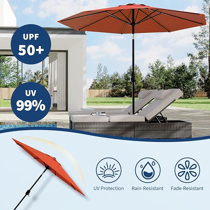 Garvee 9 ft Outdoor Patio Umbrella 8 Sturdy Ribs Outdoor Table Umbrella with Crank Lift & Push Button Tilt - UV Protection Waterproof Market Umbrellas for Pool, Deck, Yard, Garden, Orange