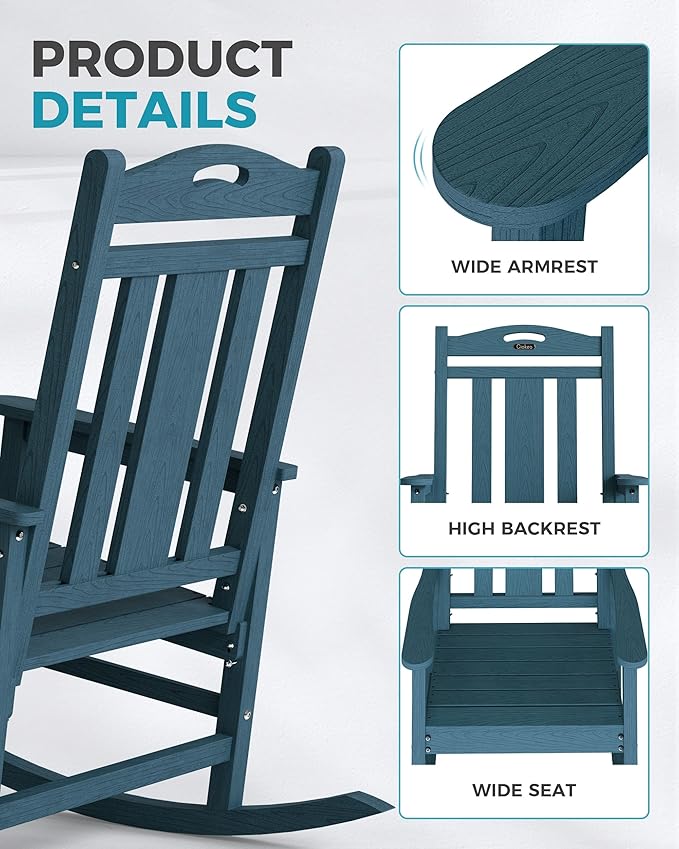 Ciokea Oversized Outdoor Rocking Chair, 380lbs Heavy-Duty Large Patio Rocker, Weather Resistant & Anti-Fade Porch Chair, High Back Cozy Rocking Chair for Outside, Fire Pit, Deck, Garden, Slate Blue