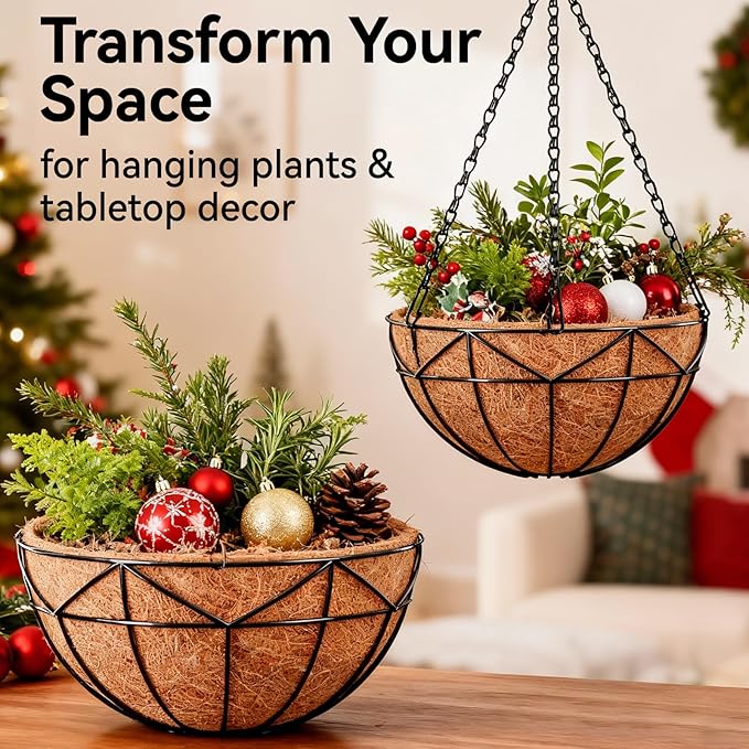 Halatool 4 Pack 12 Inch Hanging Baskets for Plants Outdoor- Small Hanging Garden Planters with Coco Liner for Outside, Empty Metal Wire Flower Holder Hanger Pot for Wall Patio Porch Balcony Decoration