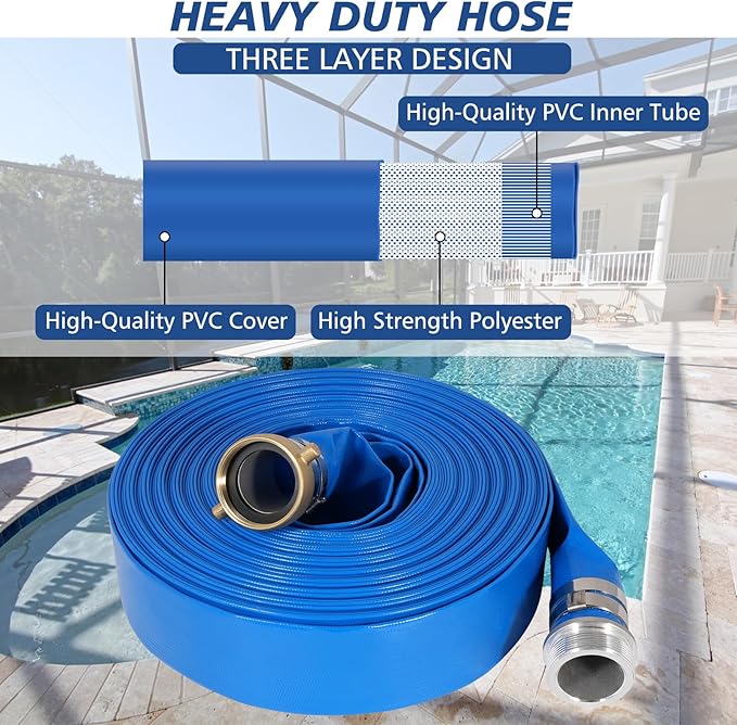 2" x 50 ft Backwash Hose for Swimming Pools, Heavy Duty PVC Lay Flat Water Discharge Hose,Durable Pool Drain Hose with Aluminum Pin Lug Fittings for Pump And Filters