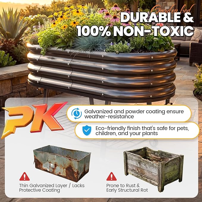 KING BIRD Large Raised Garden Bed with Legs Galvanized Elevated Planter Box in for Backyard, Patio, Balcony, Dark Grey, 47.2x23.6x29.9 in