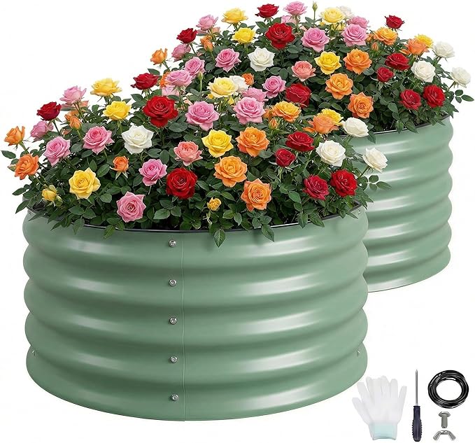 SPONVATT 2Pcs Round Galvanized Raised Garden Bed Kit 24 x 12 Inch Metal Planter Box Outdoor with Safety Rubber Edge Trim Rust Proof Weather Resistant Circular Steel Garden Beds Sage Green 12 Inch Deep