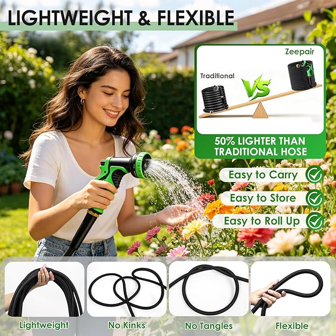 50FT Garden Hose Non-Expanding Flexible Water Hose With Sprayer Nozzle Lightweight Portable High Pressure Kink Resistant & Leakproof Durable Black Pipe For Garden Yard Lawn