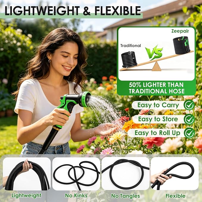100FT Garden Hose Non-Expanding Flexible Water Hose With Sprayer Nozzle Lightweight Portable High Pressure Kink Resistant & Leakproof Durable Black Pipe For Garden Yard Lawn