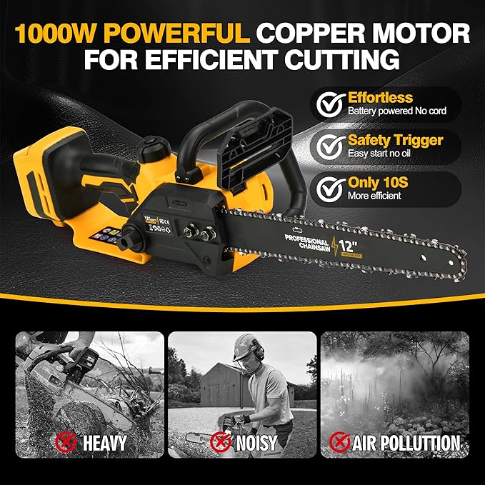 Brushless Electric Chainsaw 12" Cordless Tool Only for Dewalt 20V/60V Battery with Auto Oiler & Security Lock, for Tree Saw Trimming and Branch Wood Cutting (Tool Only)