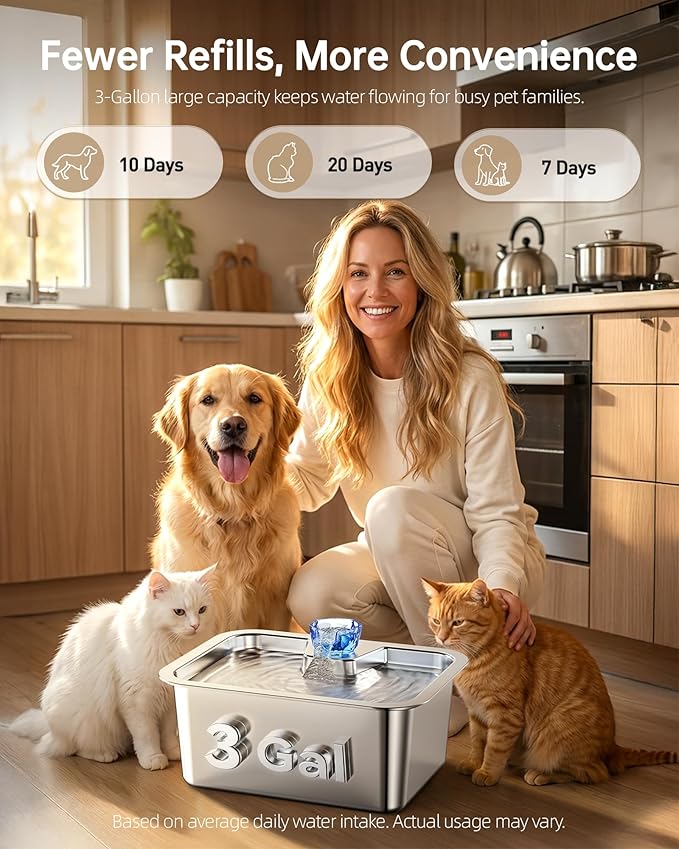 3 Gallon Large Dog Water Fountain, Stainless Steel Pet Water Fountain for Large Dogs, Automatic Big Dog Water Bowl Dispenser Drinking with 4 Filters, Easy to Clean, Quiet Pump