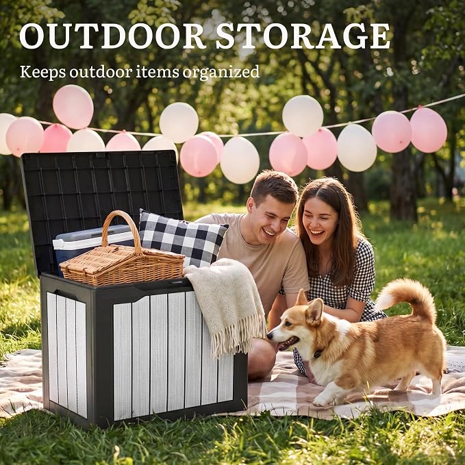 YITAHOME 35 Gallon Deck Box, Waterproof Resin Outdoor Storage Box, Doubles as Bench Seating for Patio Furniture Cushions,Garden Tools & Pool Accessories, Black & Gray