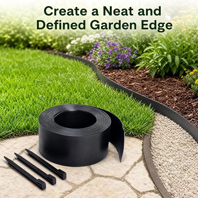 Flexible Landscape Edging Coil, 5IN x 40FT, 24 Spikes | PE Material, Garden, Yard, Pathway, Flower Beds, No Digging, Curved Edges & Mulch Retention, Weather Resistant Garden Border