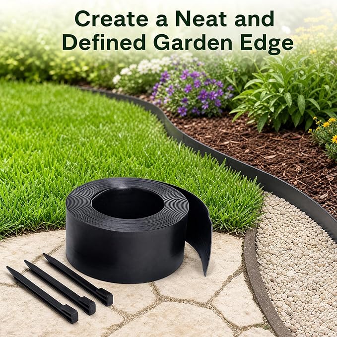 60FT Flexible Landscape Edging Coil – Weather Resistant Garden Border with Installation Tools & Stakes, Fade-Resistant Plastic for Flower Beds, Curved Edges & Mulch Retention, No Dig