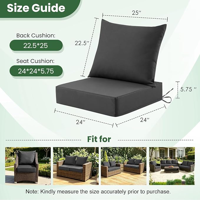 Patio Cushions for Outdoor Furniture, 24x24 Outdoor Couch Cushions, Waterproof & Fade-Resistant Patio Chair Cushions with Removable Cover, Replacement Outdoor Deep Seat Cushion, Dark Grey (Set of 2)