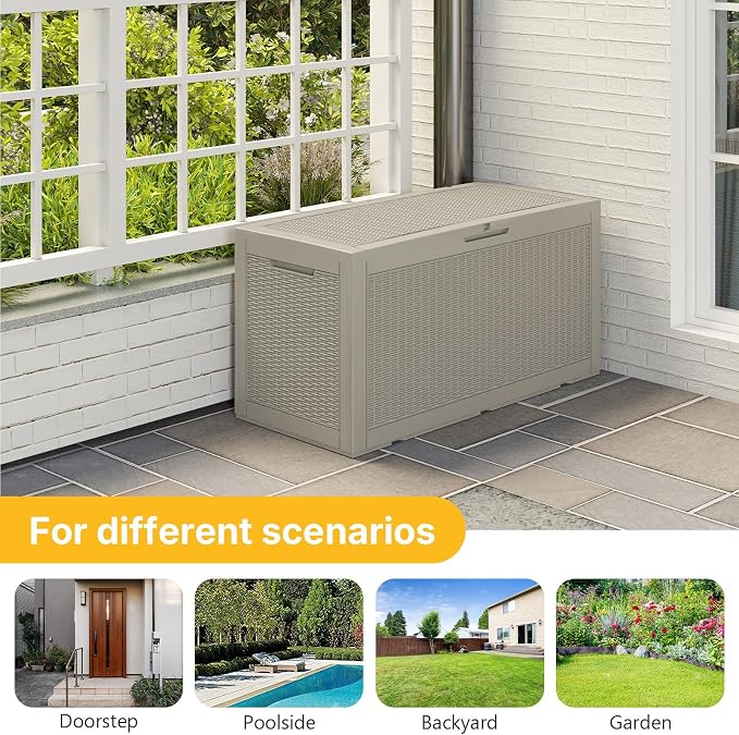 Skepphlay 100 Gallon Deck Box Outdoor Waterproof, Rattan Outdoor Storage Box, Patio Storage Boxes for Cushions, Pillow, Garden Tools, Equipment