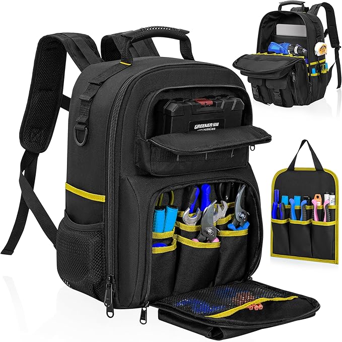 Tool Backpack for Men, Heavy Duty Tool Bag with Removable Tool Organizer, Durable Water-Resistant Work Backpack, Upgrade(Black & Yellow)
