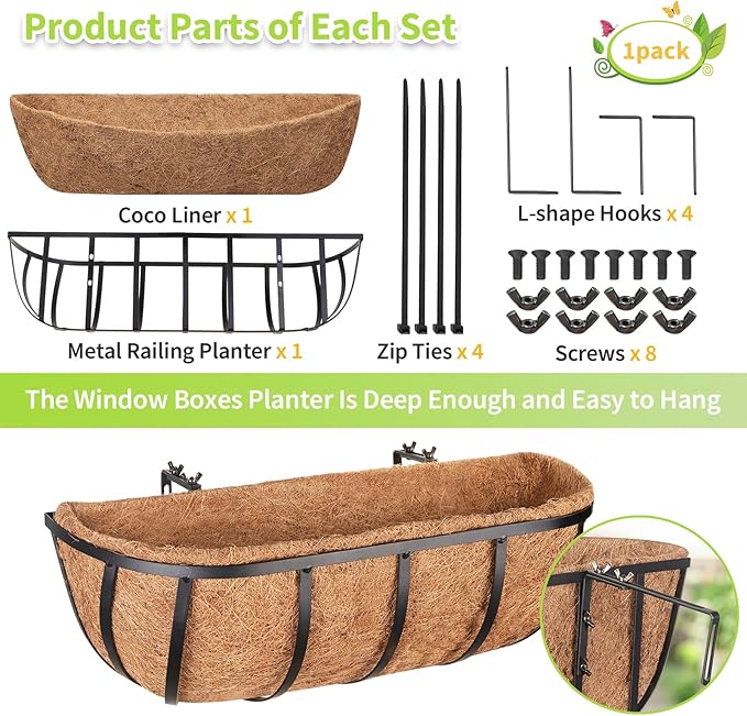 Legigo 4 Pack 16 Inch Window Boxes Railing Planter Box with Coconut Liner, Balcony Railing Planter Horse Trough Deck Window Planters, Metal Railing Hanging Flower Baskets for Outdoor Porch Fence Patio