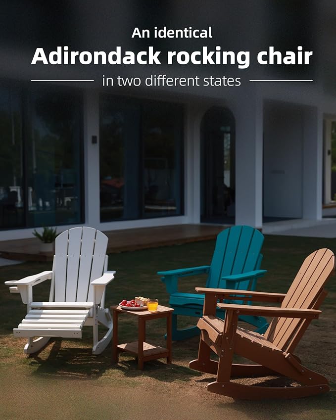 Folding Adirondack Rocking Chair Set of 2,4-in-1 Multifunctional Patio Chairs with Retractable Ottoman, Outdoor Chairs Wood Texture, Lawn Chair for Porch, Backyard, Pool(Black)