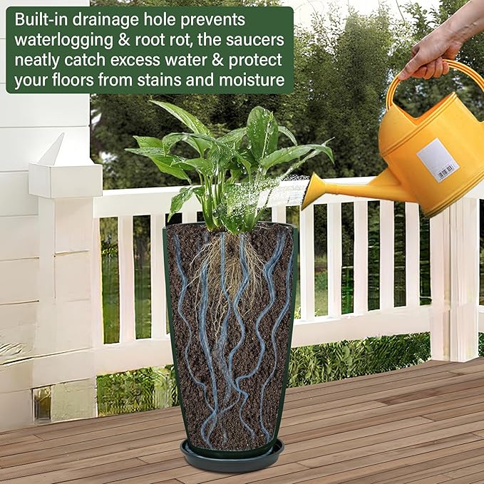 Neoaider Set of 2 Lightweight Ceramic-Look Tall Planter, 21 inch Large Plastic Planter with Drain Hole & Saucers, Large Outdoor Planters for Porch, Garden, Patio, Balcony(Dark Green)