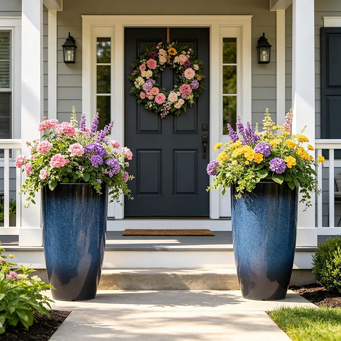 23.75" H Large Tall Outdoor Planters, Set of 2 Plastic Large Flower Pots for Outdoor Plants, with Gradient Cobalt Bule Finish, Weather-Resistant for Porch, Garden, Patio or Indoor Use