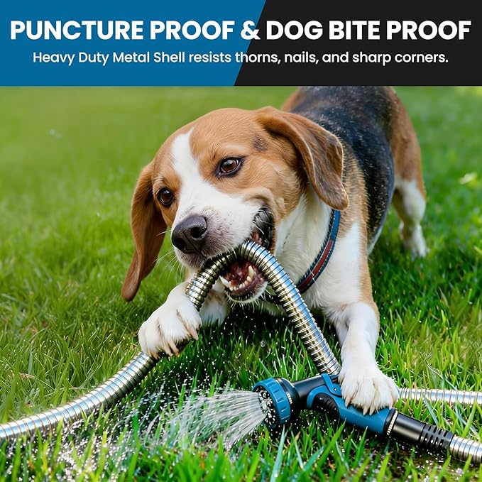 Metal Garden Hose 50FT, Stainless Steel Water Hose with 10 Function Nozzle, Solid Brass Fittings, Lightweight, Kink-Free & Dog Chew Proof for Lawn, Yard, RV, Car Wash, 550PSI