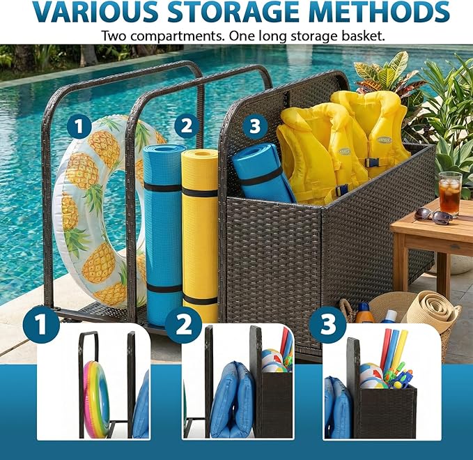 FDW Pool Float Storage Poolside Storage Bin Holder Storage Rack with Wheels PE Rattan Basket Open Compartments for Floaties Noodles Life Vests Beach Balls Equipment Cushions Patio furniture