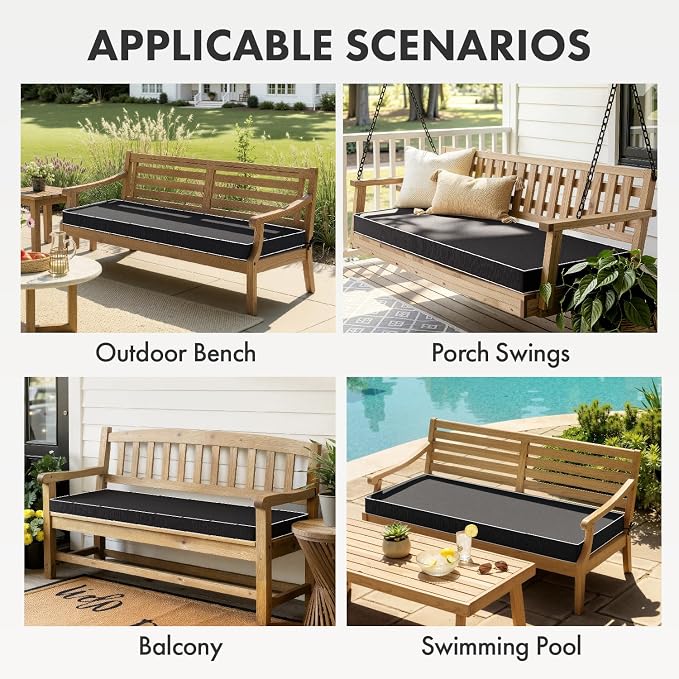 MIULEE Black Outdoor Bench Cushion 45x18x3 Inch Waterproof 3-Year Color Fastness Patio Furniture Cushions for Porch Swing, Garden Bench Sofa Couch with Adjustable Ties No Slip Design
