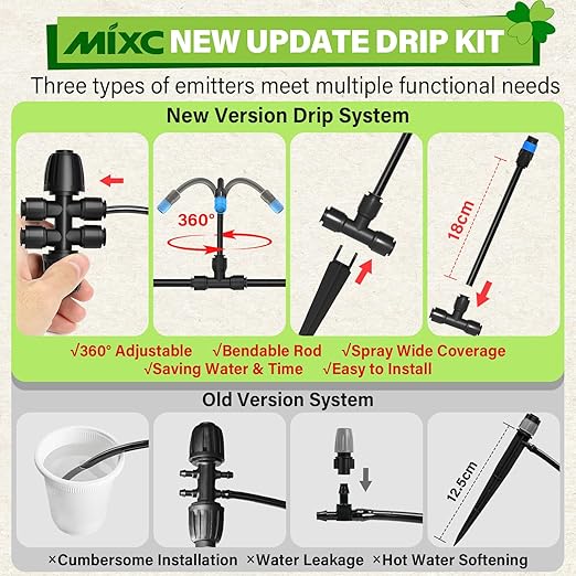 MIXC 2026-Upgrade 360° Adjustable Drip Irrigation System Kit, 133FT Bendable Watering Misting System with 3 Spray Nozzle Types, 1/2" (33FT) & 1/4" (100FT) Tubing for Garden Raised Bed Lawn Greenhouse