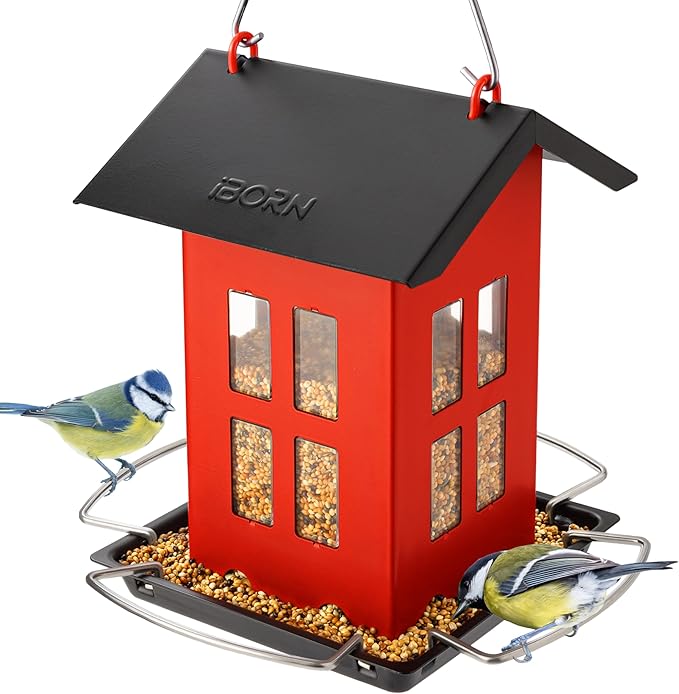 iBorn Bird Feeder House, Metal Bird Feeders for Outdoors Hanging,Double-Sided Metal Hanger & Weatherproof, Easy to Clean & Refill, 1.5 Lbs Capacity, Red