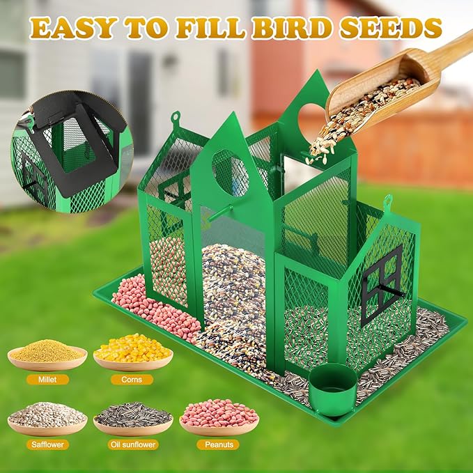 YYWMWM Solar Bird Feeders House for Outside Hanging, Metal Wild Bird Feeder for Outdoors, Large Cardinal Bird Feeder Birdhouses Green