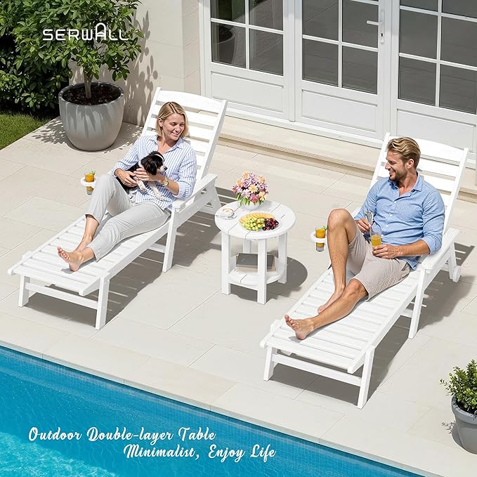 SERWALL Round Outdoor Side Table Set of 4, HDPE Small Adirondack Double End Table, White