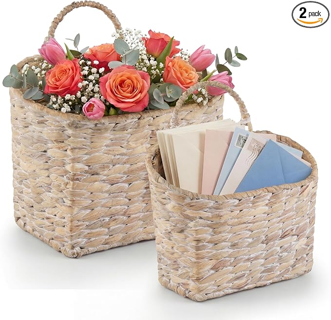 Set of 2 White Wicker Hanging Baskets for Front Door, Mail, Flowers & Organizing