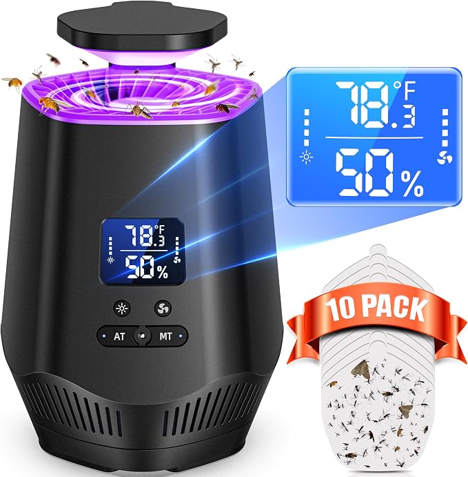 Fruit Fly Traps for Indoors, Smart Fly Trap Indoor Bug Zapper Gnat Traps for House Indoor with Temperature and Humidity Sensor, 10PCS Sticky Boards Black 0