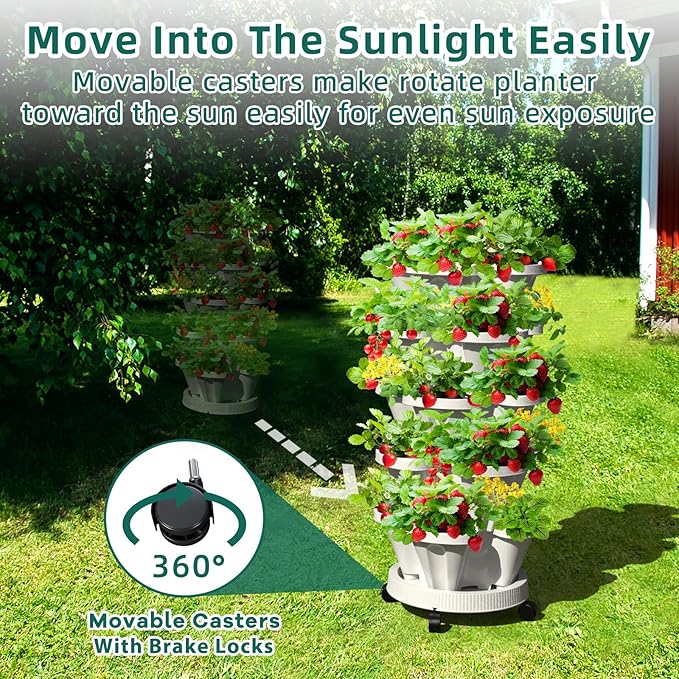 Strawberry Vertical Planter, Stacking Garden Tower, 5 Tiered Stackable Herb Vegetable Planters with Movable Casters and Bottom Saucer Indoor and Outdoor - Black