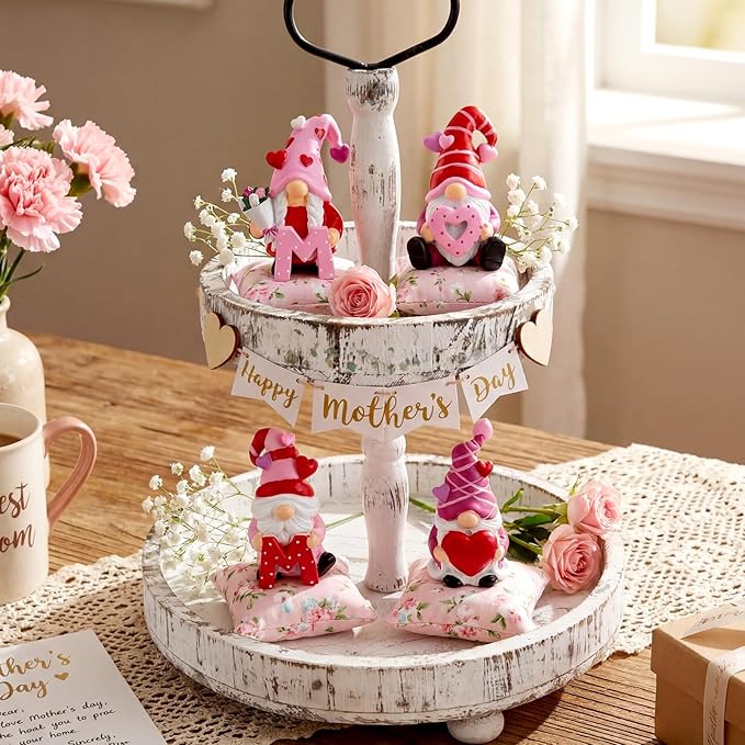 Simgoing 4 Pcs Mother's Day Gnomes Figurines Resin Gnomes Tabletop Decorations Gift for Mom Women Mini Holiday Statues Table Centerpieces for Mothers Day Home Decorations